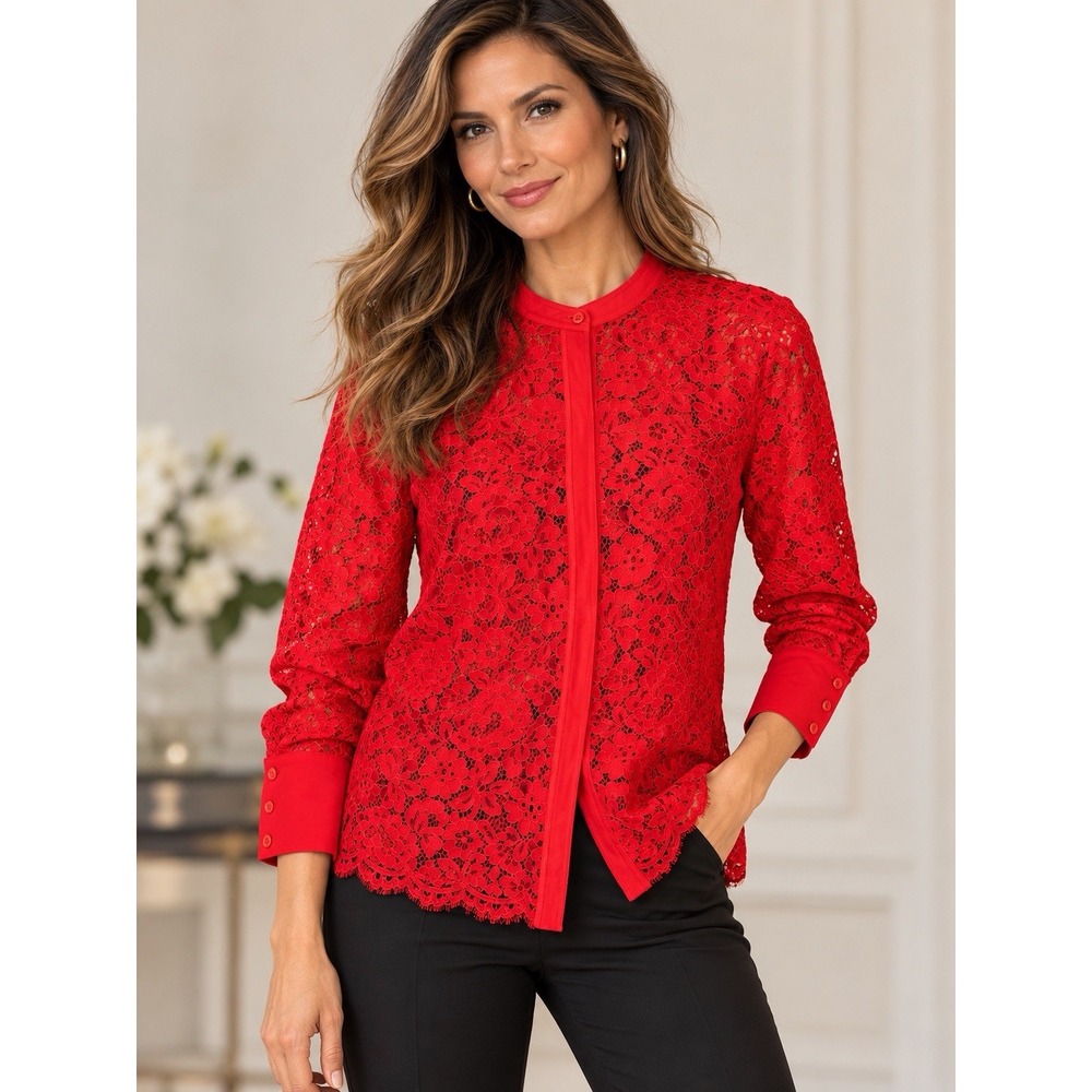J Crew Red Lace Button Up Shirt~Sz 12~Long Slv Band Collar Festive Holiday Top